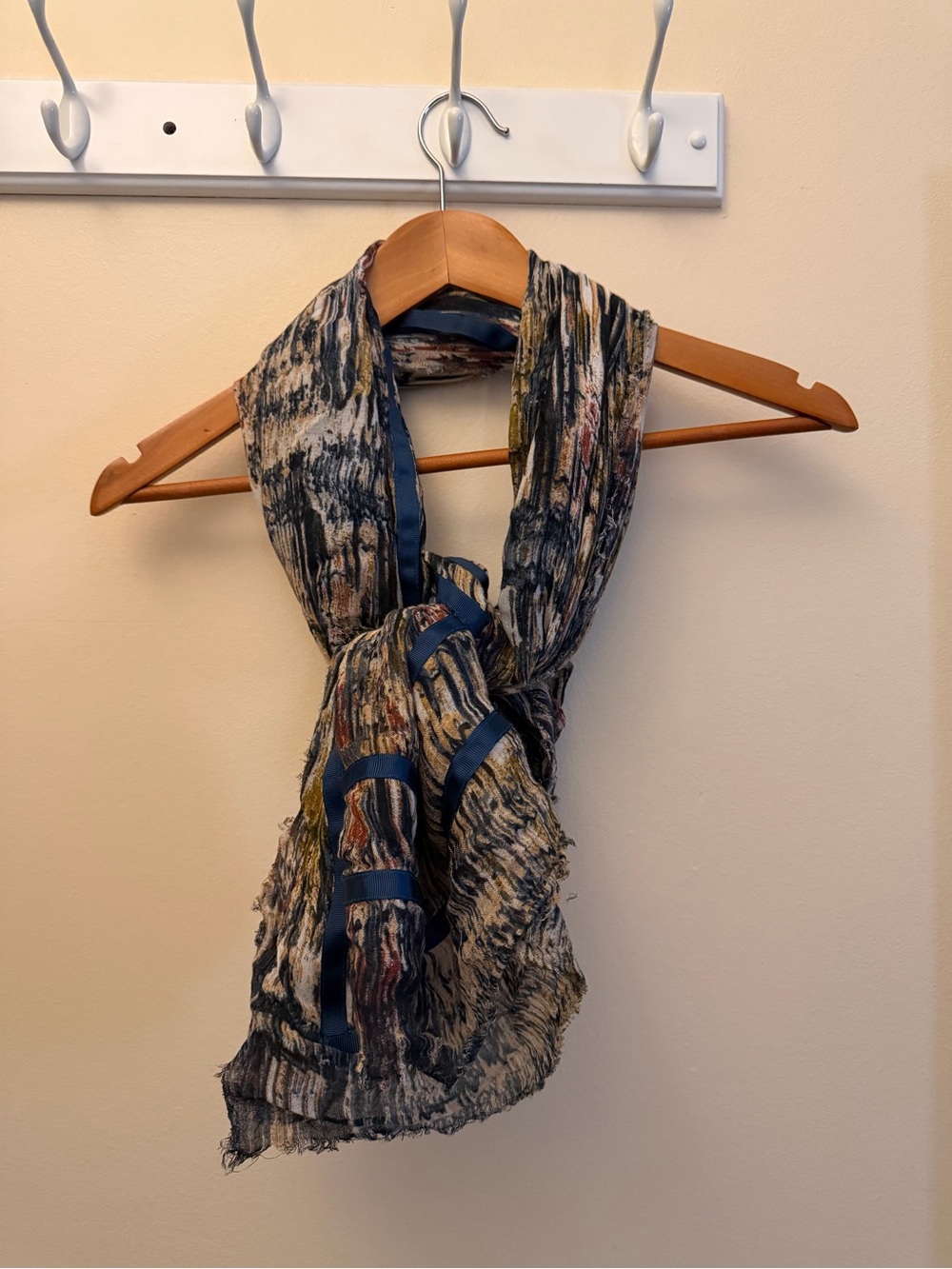 Oversized 44” Square Art Wear Scarf Shawl Abstract Crinkle Raw Edge Ribbon Trim